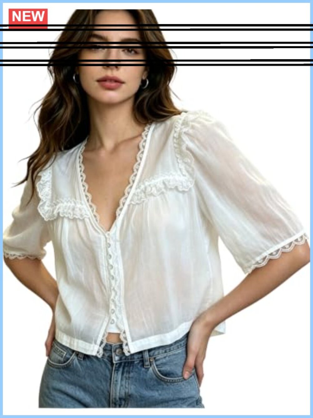 Lace Button Down Blouse Half Sleeve V Neck Ruffle Trim Flowy Top